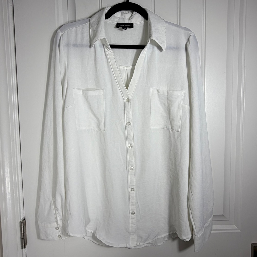 Fortune + Ivy Womens White Long Sleeve Button Down Blouse Size XL Pockets